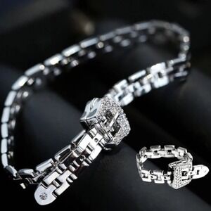 Silver Belt Buckle Bracelet Matching Ring Set, Minimalist, Zircon, Chain Link